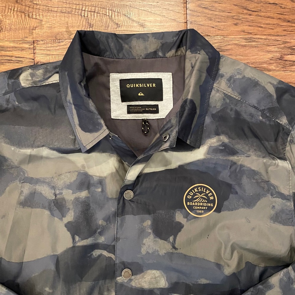 Quiksilver Coach Jacket Mens XL Green Black Gray Camo Windbreaker Snap Front